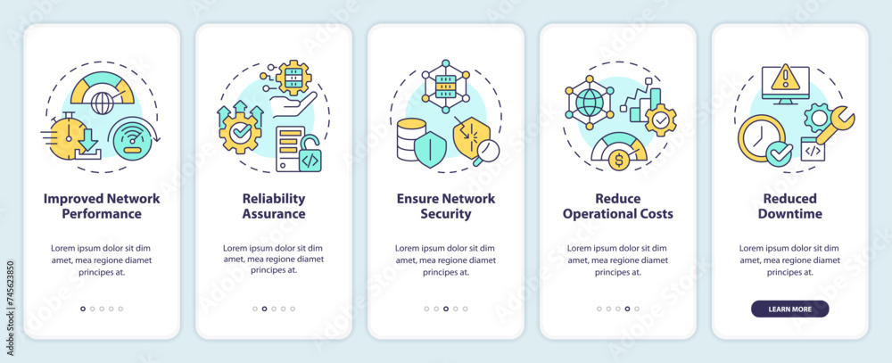 Benefits of network management onboarding mobile app screen. Walkthrough 5 steps editable graphic instructions with linear concepts. UI, UX, GUI template. Myriad Pro-Bold, Regular fonts used Benefits of network management onboarding mobile app screen. Walkthrough 5 steps editable graphic instructions with linear concepts. UI, UX, GUI template. Myriad Pro-Bold, Regular fonts used