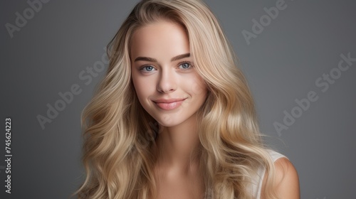 Portrait of a beautiful, sexy Caucasian woman with perfect skin and white long hair, on a gray background.