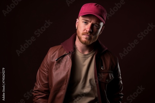 Portrait of a handsome young man in a red cap and leather jacket