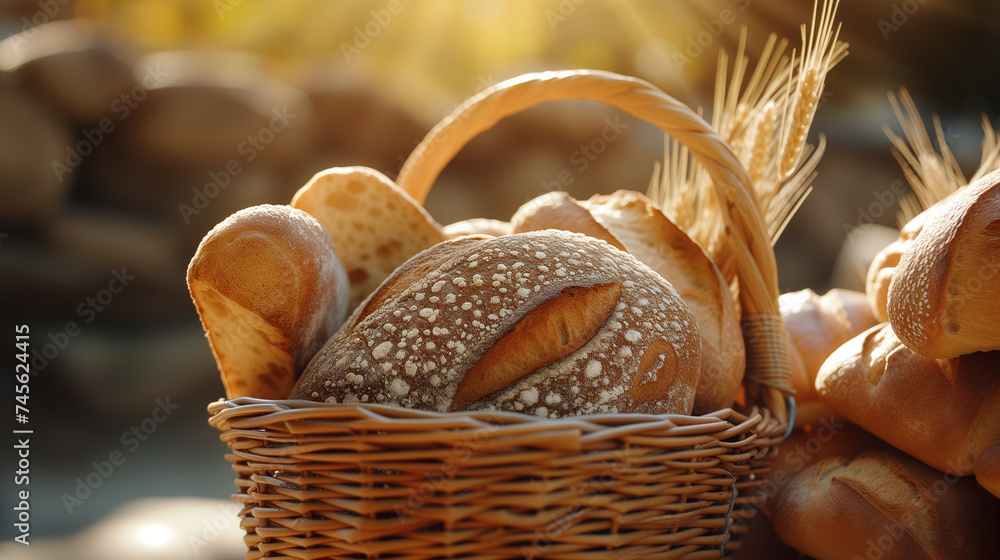 Fresh, fragrant and crispy bread in a wicker basket, which is outside on the table. Loaves of bread are illuminated by bright sunlight. Blurred natural background behind. Shot made in warm colors