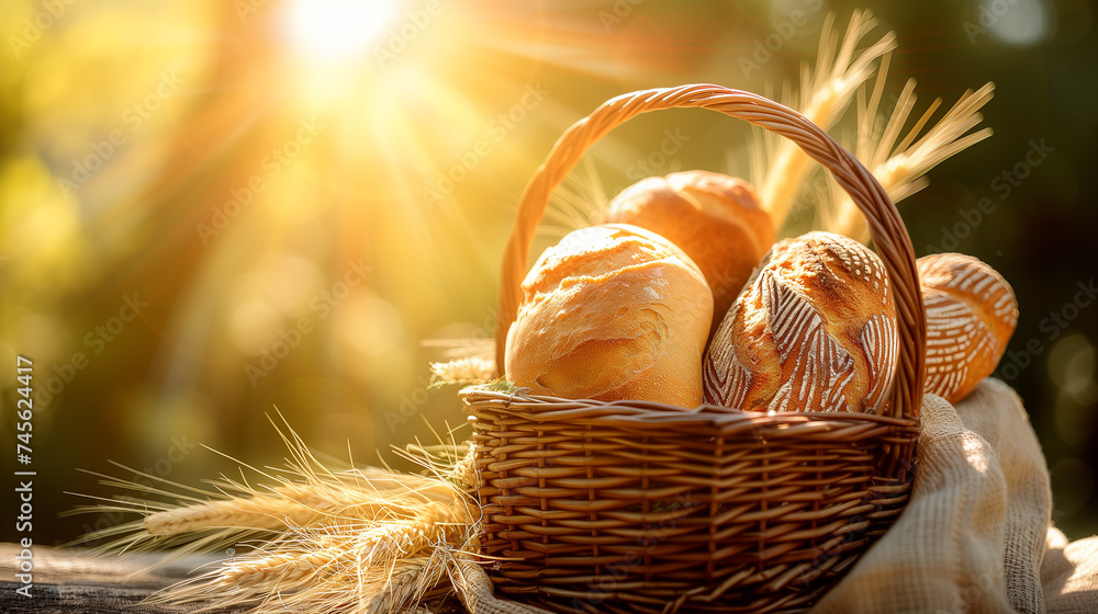 Fresh, fragrant and crispy bread in a wicker basket, which is outside on the table. Loaves of bread are illuminated by bright sunlight. Blurred natural background behind. Shot made in warm colors - obrazy, fototapety, plakaty 