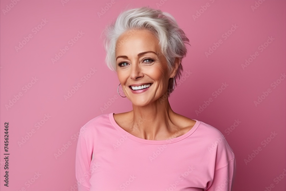 Portrait of a happy senior woman smiling at camera over pink background Portrait of a happy senior woman smiling at camera over pink background