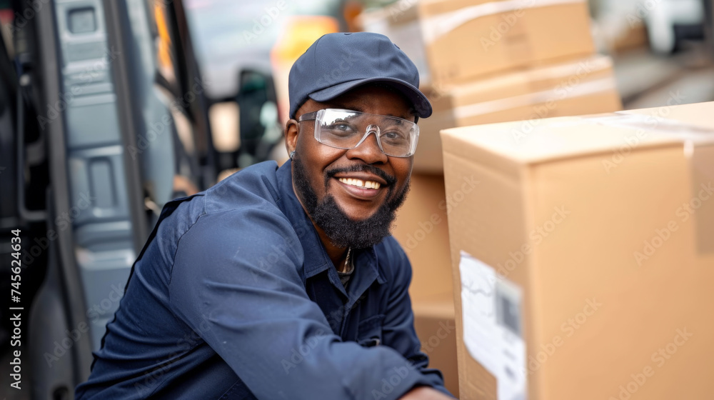 smiling delivery man in a blue uniform and safety goggles is handling boxes near a delivery van smiling delivery man in a blue uniform and safety goggles is handling boxes near a delivery van