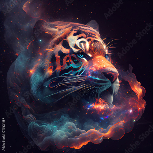 Tiger from Galaxies spirals space nebula stars smoke. AI render © writerfantast