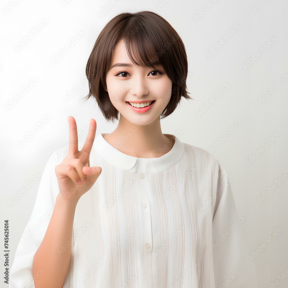 ピースする笑顔のかわいい女性 ピースする笑顔のかわいい女性