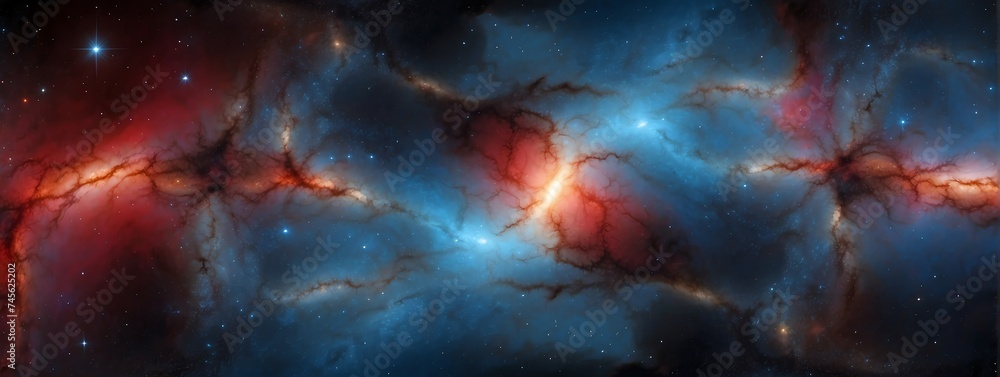 Wide angle panoramic view of blue and red universe spiral nebula galaxy on space background from Generative AI