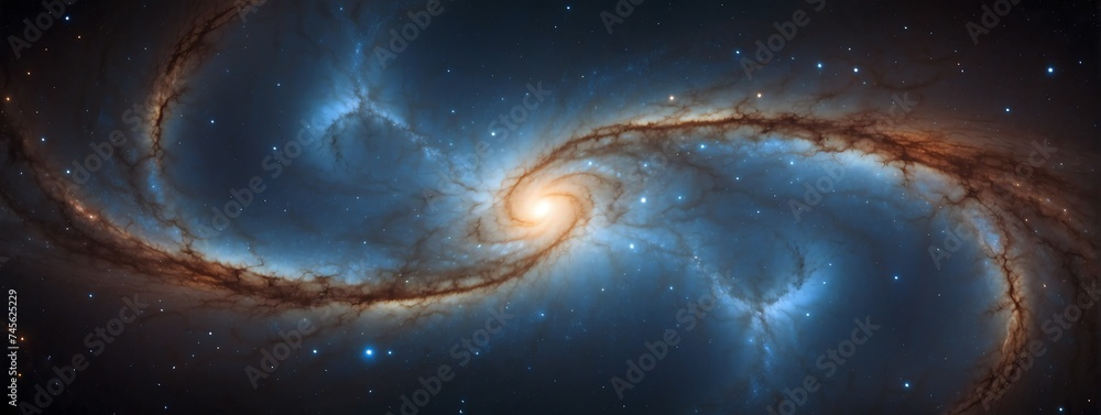 Wide angle panoramic view of blue universe spiral nebula galaxy on space background from Generative AI - obrazy, fototapety, plakaty 