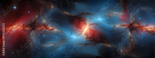 Wide angle panoramic view of blue and red universe spiral nebula galaxy on space background from Generative AI