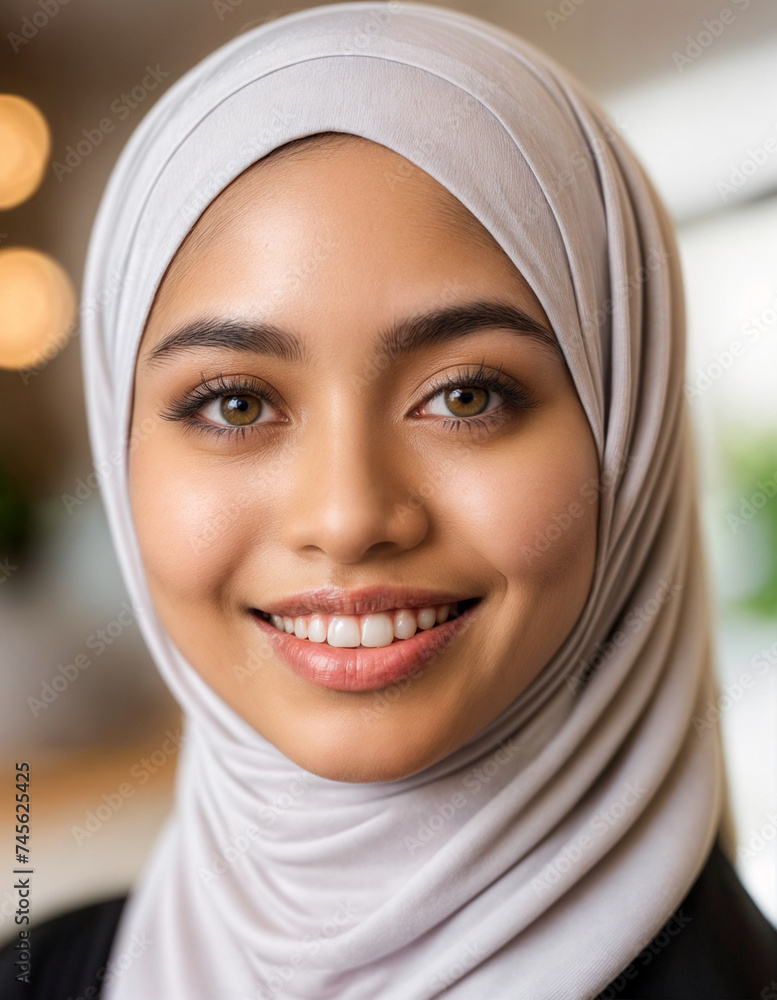 Close-up portrait of a smiling Muslim woman in a white hijab, with a bokeh and blurred outdoor background Close-up portrait of a smiling Muslim woman in a white hijab, with a bokeh and blurred outdoor background