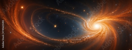 Wide angle panoramic view of orange universe spiral nebula galaxy on space background from Generative AI