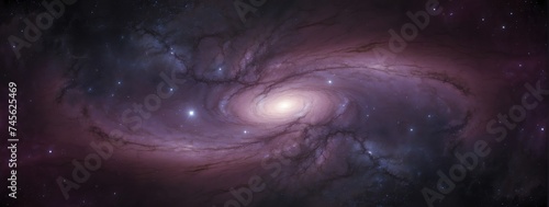 Wide angle panoramic view of purple universe spiral nebula galaxy on space background from Generative AI