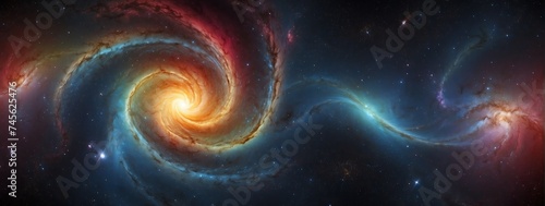 Wide angle panoramic view of rainbow colored universe spiral nebula galaxy on space background from Generative AI