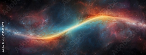 Wide angle panoramic view of rainbow colored universe spiral nebula galaxy on space background from Generative AI