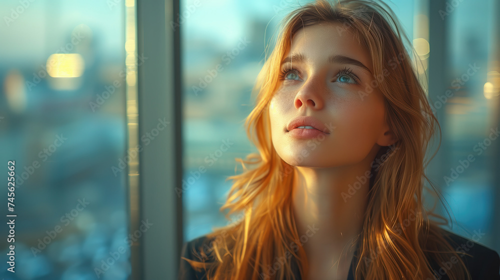 a young elegant businesswoman looking thought big glass windows at meeting room in office tower. a young elegant businesswoman looking thought big glass windows at meeting room in office tower.
