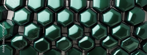 Wide angle panoramic view of shiny green metallic hexagonal surface texture background wallpaper from Generative AI