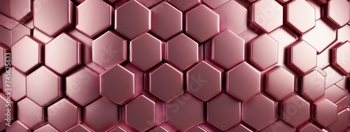 Wide angle panoramic view of shiny pink metallic hexagonal surface texture background wallpaper from Generative AI