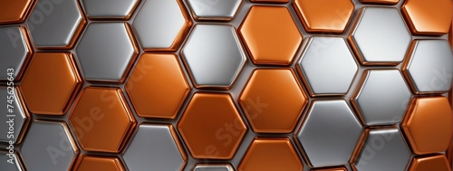 Wide angle panoramic view of shiny orange metallic hexagonal surface texture background wallpaper from Generative AI
