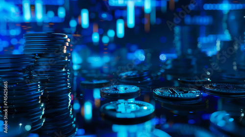 Bitcoin coin standing upright on a surface with a stack of coins in the background, against a backdrop featuring blurred cryptocurrency market data charts.