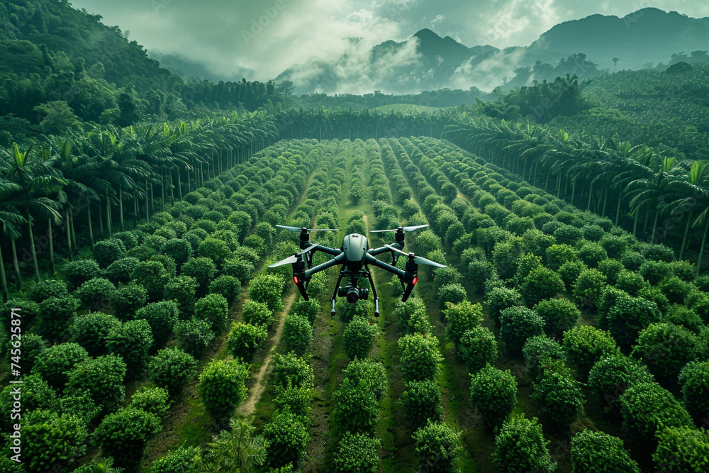 Automated reforestation drones planting trees in deforested areas to restore ecosystems - obrazy, fototapety, plakaty 