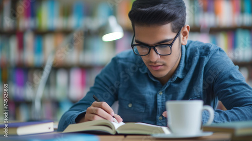 A concentrated young man in glasses is absorbed in reading a book at a desk with a lamp and a cup, with bookshelves filled with books in the background.