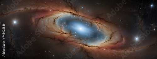 Wide angle panoramic view of universe spiral nebula galaxy on space background from Generative AI