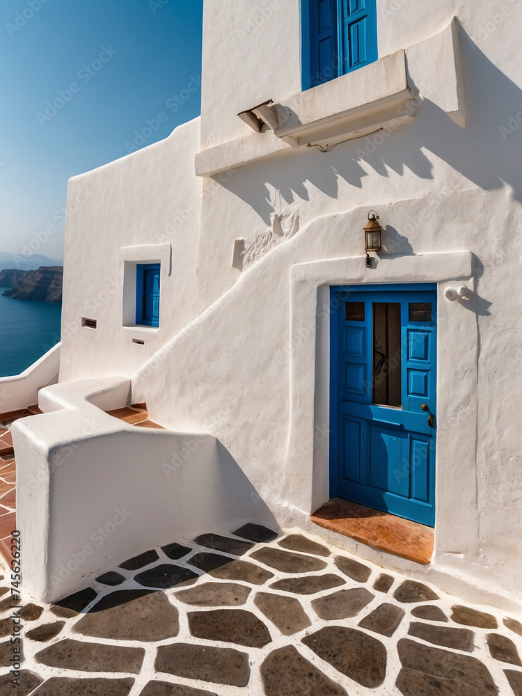 Santorini Elegance, Serene White Building with a Splash of Colorful Charm