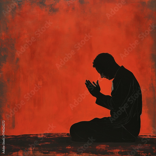 a silhouette of a man kneeling while performing an Islamic prayer