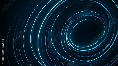 Abstract glowing circle lines on dark blue background. Geometric stripe line art design. Modern shiny blue lines. Futuristic technology concept. Suit for poster, cover, banner, brochure. Generative Ai