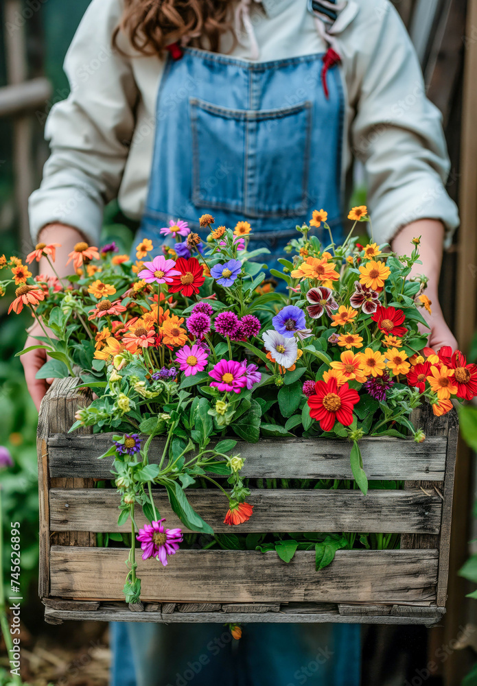 Person in Denim Overalls Presenting a Crate of Brightly Colored Garden Flowers
