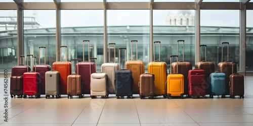 The Perfect Setup for Creating Travel-Themed Content with a Collection of Suitcases in an Airport. Concept Travel-Themed Content, Airport Photoshoot, Suitcase Props, Wanderlust Imagery photo