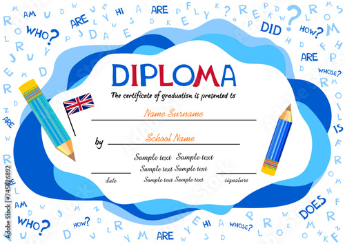 Certificate template for english award with alphabets in background. Preschool Kids Diploma certificate background design template. Certificate of kids diploma. Vector illustration