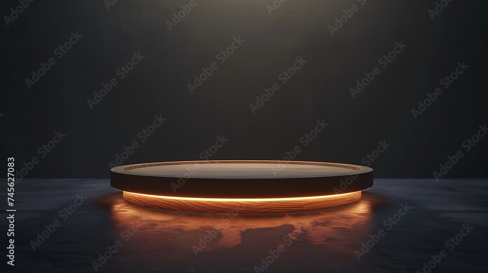 Abstract minimal concept. Wooden plank wood podium on dark background with glow light. Mock up template for product presentation. 3D rendering. copy text space. Generative Ai Abstract minimal concept. Wooden plank wood podium on dark background with glow light. Mock up template for product presentation. 3D rendering. copy text space. Generative Ai