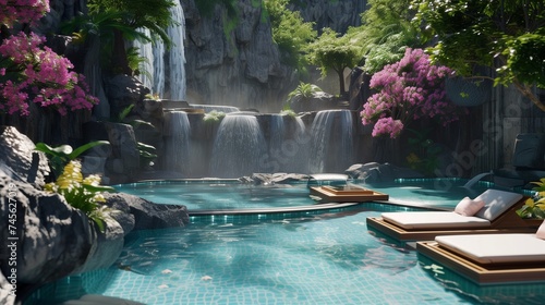 A luxurious spa retreat with tranquil pools  cascading waterfalls  and plush lounges for ultimate relaxation