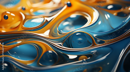 Wallpaper Mural Macro photography of clear and amber colored water droplets on a reflective blue surface with a blurred background. Torontodigital.ca