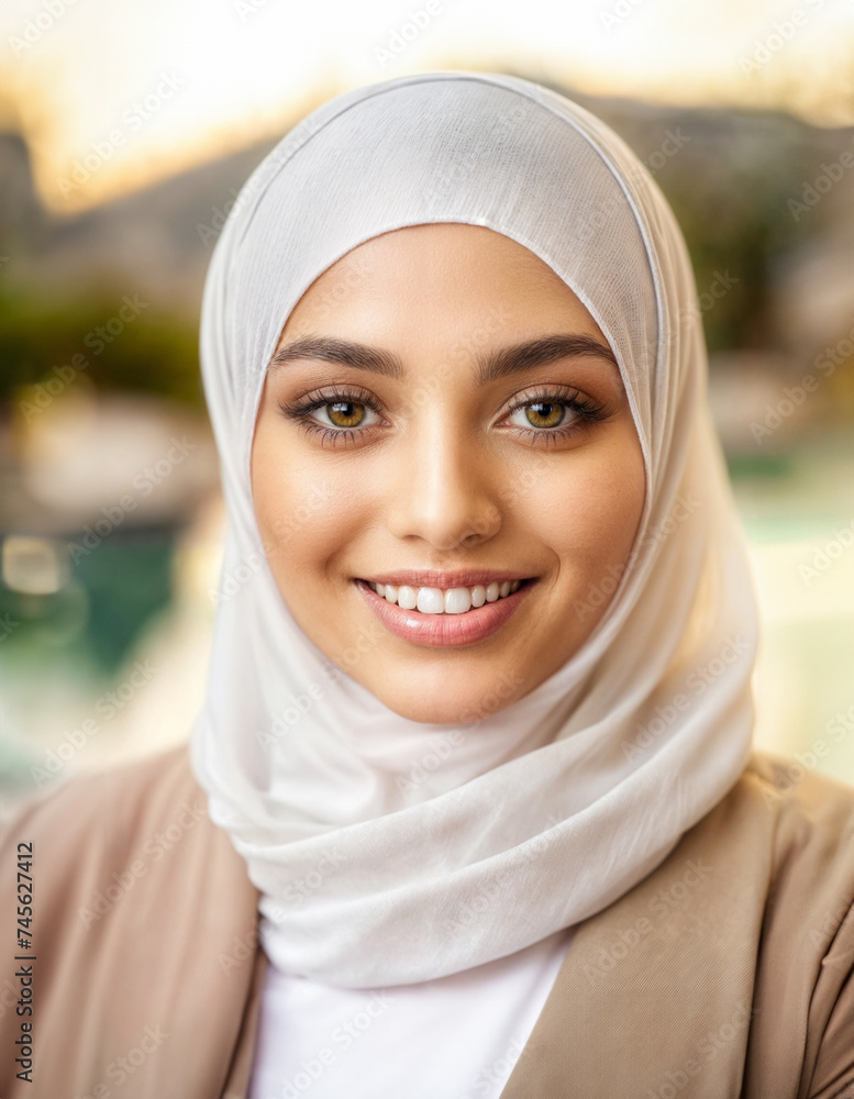Close-up portrait of a smiling Muslim woman in a white hijab, with a blurred outdoor background Close-up portrait of a smiling Muslim woman in a white hijab, with a blurred outdoor background