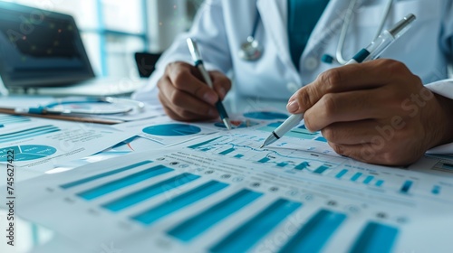 A medical practitioner reviews comprehensive medical data on paper that has been enhanced with digital data visualization, indicating contemporary medical analysis.