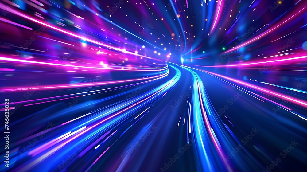 Abstract technology futuristic glowing blue and purple light lines with speed motion blur effect on dark blue background. Generative Ai Abstract technology futuristic glowing blue and purple light lines with speed motion blur effect on dark blue background. Generative Ai