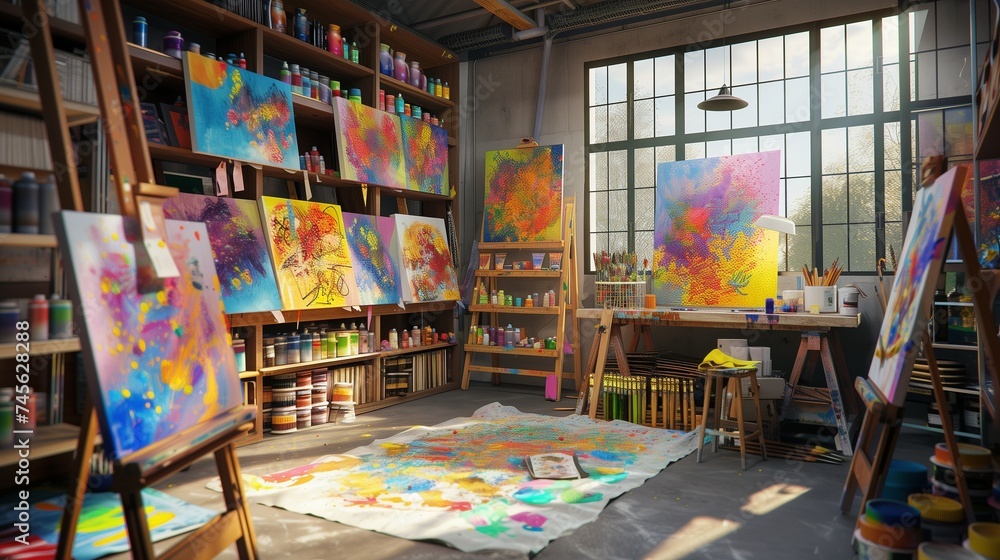 A vibrant art studio filled with natural light, splashes of color on canvases, and shelves brimming with supplies waiting to inspire creativity. A vibrant art studio filled with natural light, splashes of color on canvases, and shelves brimming with supplies waiting to inspire creativity.