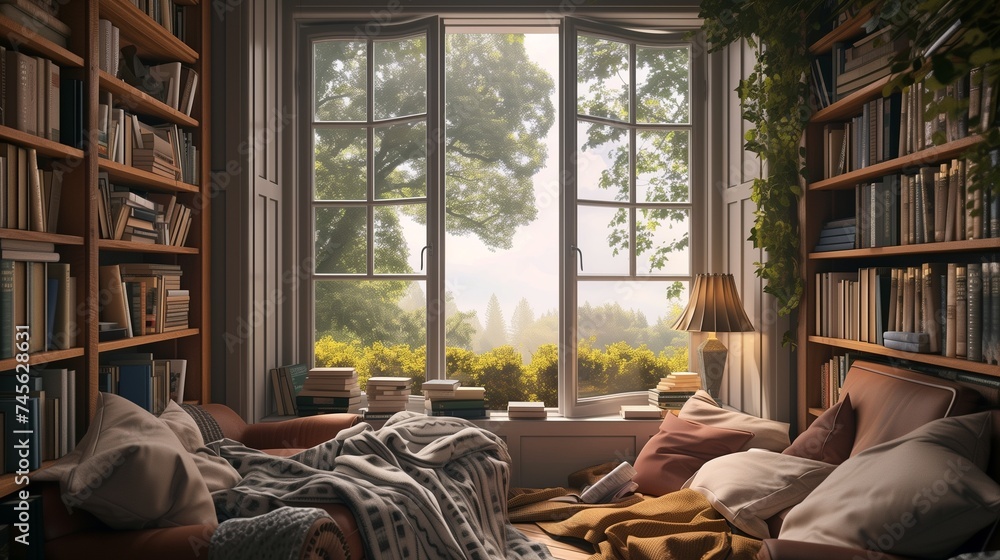 A cozy reading nook nestled in a corner by a bay window, with overstuffed armchairs, a soft throw blanket, and shelves of books inviting exploration. - obrazy, fototapety, plakaty 