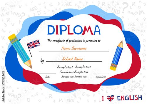 Certificate template for english award with alphabets in background. Preschool Kids Diploma certificate background design template. Certificate of kids diploma. Vector illustration