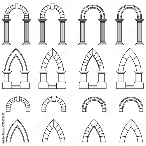 Set of arch line art vector. Arch and columns