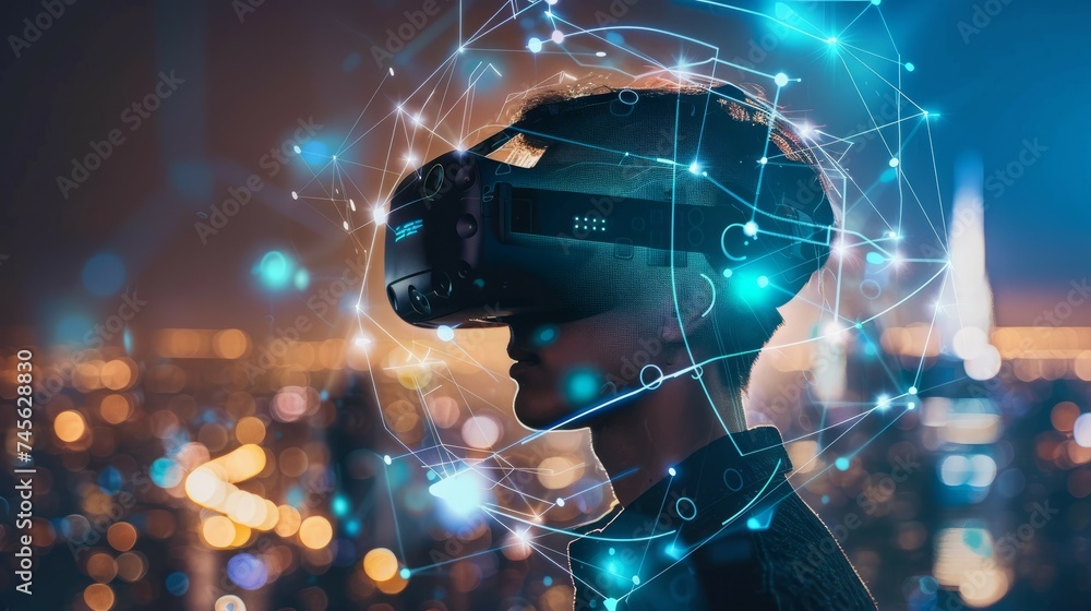 A person engaged in a network-connected virtual reality simulation, highlighted by abstract digital connections. A person engaged in a network-connected virtual reality simulation, highlighted by abstract digital connections.
