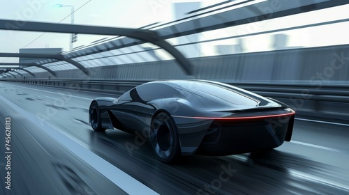 A concept car with a futuristic design speeding on a highway, representing innovation in automotive technology.