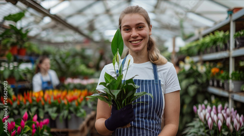 A young woman is smiling at the camera while holding a potted plant in a greenhouse. © HelenP
