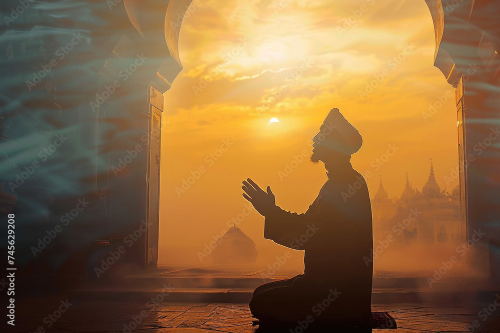 Silhouette of Indonesian Muslim man praying in the mosque - obrazy, fototapety, plakaty 