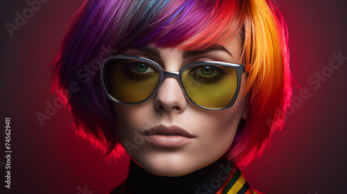 a woman with colorful hair and sunglasses