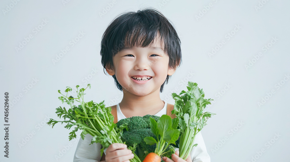Asian boy with fresh vegetable on white background.Generative AI Asian boy with fresh vegetable on white background.Generative AI