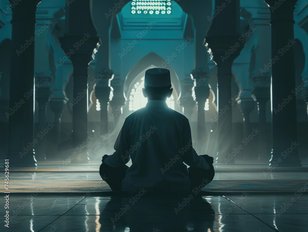 Back view of Indonesian Muslim little boy meditating in the mosque ...