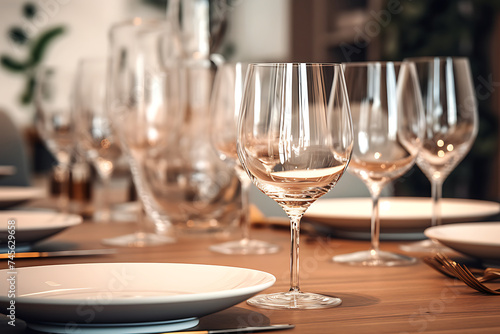 Empty wine glasses on table in restaurant  closeup. Space for text