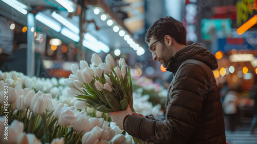 A young male florist working with fresh white flowers in a flower shop. photo